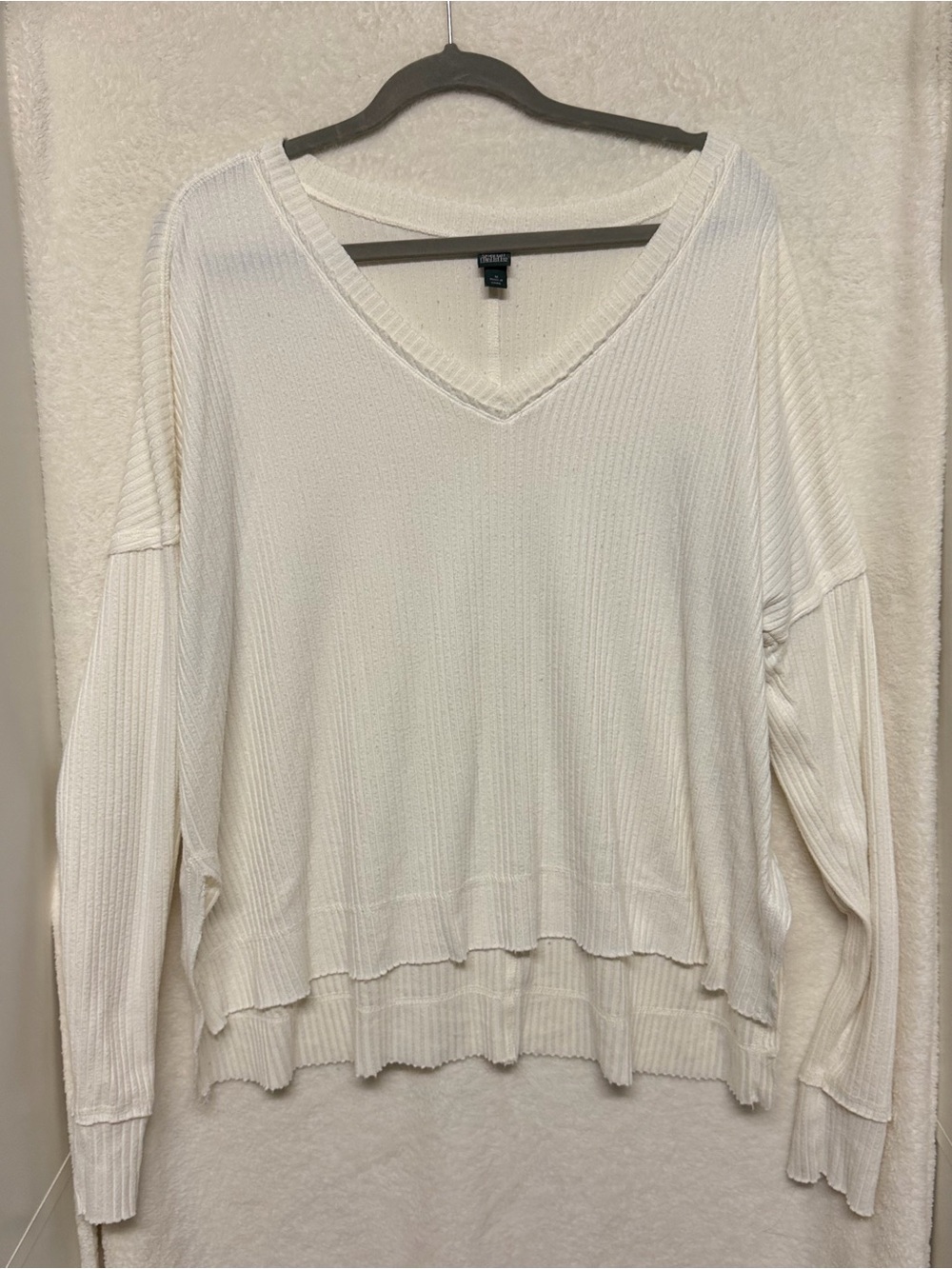 Cream V-Neck Waffle Knit Long Sleeve